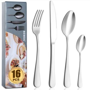 BEWOS 16-teiliges Edelstahl Matt Silber Geschirr Besteck Set für Familie, spülmaschinenfest/leicht zu reinigen, perfekt