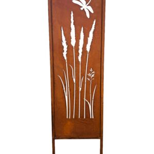 Schild Gartenschild Edelrost Beetstecker Rost zum Einstecken Blumen Dekoration (Gras Libelle)