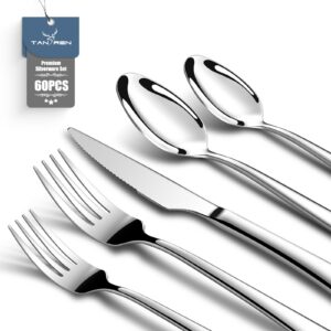 TAN REN Edelstahl Besteck Set 12 Personen, 60-Teiliges Besteckset mit Steakmesser, Elegantes Essbesteck für Küche/Restau