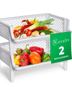 Novaliv Weißes Korbregal Stapelbar & Erweiterbar, ideal für Vorratsräume und Kellerspeicherung, Lebensmittel- und Geträn