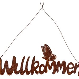 Levandeo Willkommen Türschild Edelrost Schmetterling 38x14cm Schriftzug Gartendeko