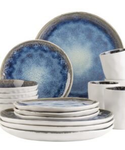 MÄSER 934092 Serie Frozen Geschirr Set für 4 Personen - 16-teiliges Kombiservice mit organischen Formen, blau gesprenkel