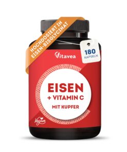 Vitavea Hoch bioverfügbares Eisen mit Vitamin C - Für Immunsystem und Energiestoffwechsel - Vegan, Laborgeprüft, ohne un