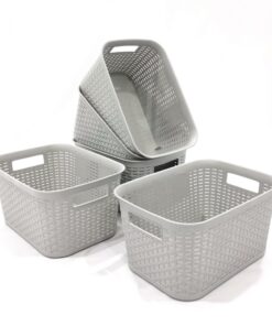 [5er Set] Aufbewahrungskorb mit Griffen im Rattan-Design, Hellgrau, recyclingfreundlich aus PP