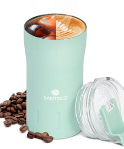 SANTECO Thermobecher 350ml - Doppelwandig isoliert, hält 6 Stunden warm - BPA-freier transparenter Deckel - 100% auslauf