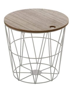 Spetebo weißer Holz Blumenhocker mit Metall Aufbewahrungskorb - Für Pflanzenhocker - Dekoration für Blumentische - Klein
