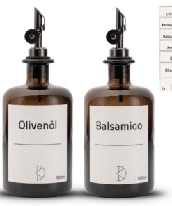 2 Ölflaschen zum Befüllen - moderne Braunglas Ölspender mit Edelstahl Ausgießer - diverse Aufkleber - 500ml - mit Sticke