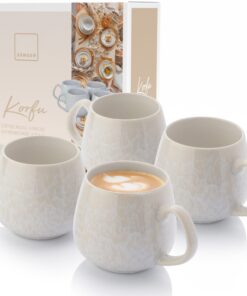 Sänger | Korfu 4-Tassen-Set, Steingut, Handmade, Spülmaschinenfest, Creme Farben, 150 ml | Espresso, Teetassen, Maserung
