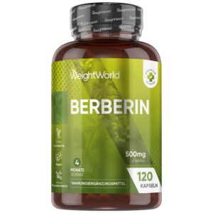 WeightWorld Berberine 500mg - 4 Monate Vorrat - 120 vegane Berberin Kapseln - 1 Kapsel pro Tag - Frei von Magnesiumstear