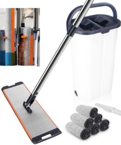 Wischmopp Set mit Eimer und 6 Mikrofaser Pads für Alle Böden - verlängertes und verdicktes Handgriff, trennt Schmutz von