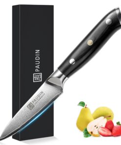 PAUDIN Damastmesser 9 cm - Profi-Küchenmesser für Hausfrauen und Kochprofis - Edles_gemüseundObstschälmesser VG10 Schwar