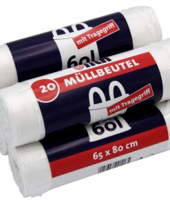 100 Müllbeutel mit Tragegriff, flüssigkeitsdicht & reißfest, 60 Liter, 20 Stück pro Rolle (5er Pack) Recyclingfreundlich