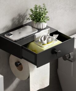 VOLDRA Toilettenpapierhalter ohne Bohren – Praktischer Halter für Klopaper & Feuchttücher, elegant matt schwarz für WC &