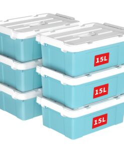 Cetomo 15L*6 Aufbewahrungsboxen für Zuhause und Büro, robuste Plastikboxen mit Deckeln und Clips, Blau, 15L-6er Pack