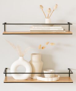 Kazai® Wandregal-Set STENN - Hängeregale aus Metall und Echtholz-Veneer - Ideal für Bad, Wohnzimmer und Küche | Eiche