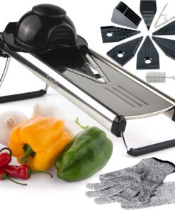 Mandoline Gemüseschneider Edelstahl V-Klinge + 6 Einsätze + Julienne Hobel mit Handschutz