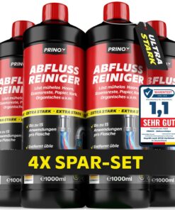 PRINOX 4x 1000ml Abflussreiniger EXTREM STARK - Biologisch abbaubar, Hitzefrei, Materialschonend - Für Rohre von Anwendu