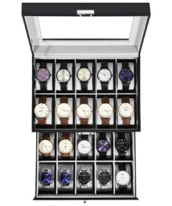 Uten Uden Uhrenbox mit 20 Fächern, Glasdeckel, Schwarz, Graues Samtfutter, Herausnehmbare Kissen, Schmuckaufbewahrungsbo