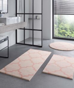 Taracarpet Badematte Badteppich für das Badezimmer waschbar in der Waschmaschine im Florentiner Muster Creme Rosa 050x08