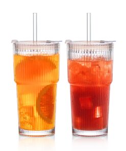 INSETLAN Carbonfree Certified 2 x 600ml Gerippte Glasbecher + Deckel + Strohhalm, robuste und dickwandige Smoothie Beche