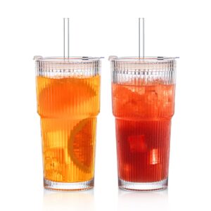 INSETLAN Carbonfree Certified 2 x 600ml Gerippte Glasbecher + Deckel + Strohhalm, robuste und dickwandige Smoothie Beche