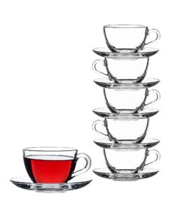 Pasabahce 97948 Basic Tassen, 6 Tassen mit 6 Untertellern, für Tee und Kaffee, für 6 Personen, klar(transparent)