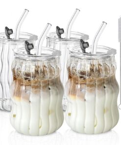 KEMORELA Geriffelte Glasbecher mit Deckel und Strohhalmen, Vintage-Kaffeetassen für EisgetCaffee, klare gerippte Gläser
