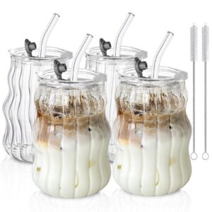 KEMORELA Geriffelte Glasbecher mit Deckel und Strohhalmen, Vintage-Kaffeetassen für EisgetCaffee, klare gerippte Gläser