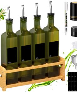 Oliven Ölflasche mit Holzständern - Lebensmittelfreies Glas, 500ml, 4pcs, mit Trichter und Etikette