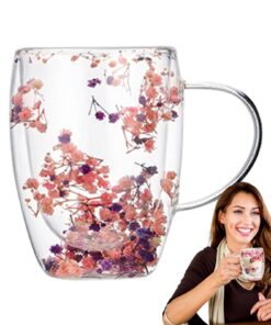Doppelwandige Kaffeetasse Aus Glas Mit Getrockneten Blumen, Isolierte Kaffeetassen Aus Blumenglas Mit Henkel, Hitzebestä