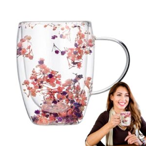 Doppelwandige Kaffeetasse Aus Glas Mit Getrockneten Blumen, Isolierte Kaffeetassen Aus Blumenglas Mit Henkel, Hitzebestä