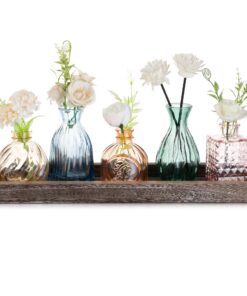 Glasseam 5 Mini Bunte Glasvasen mit Holztablett - Stilvolle Tischdeko für Wohnzimmer Büro Esstisch