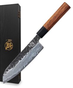 MITSUMOTO SAKARI Handgeschmiedetes Küchenmesser - Hochkohlenstoffstahl, scharfe Kochmesser, 19 cm Santoku für professio
