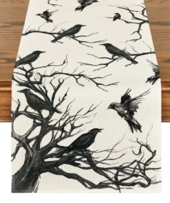 Artoid Mode Schwarz und Weiß Scherenschnitt Raben Baum Halloween-Tischläufer für Herbst Küche Dekoration, 40x140 cm - Pe