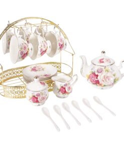 Europäisches Keramik-Teeservice - Bone China Kaffee Set mit Metallhalter | Bunte Rosen Malerei Kürbis Kaffeekanne Tee-T