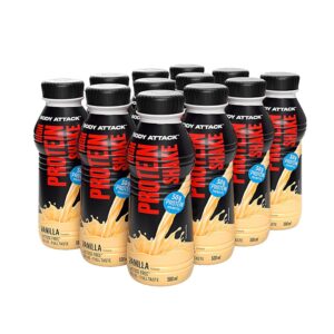 Body Attack High Protein Shake - Vanille - 12 x 500 ml - 50 g Protein - kalorienarmer Protein Shake für Muskelaufbau - F