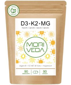 Vegane Vitamin D3 + K2 + Magnesium Kapseln - MoriVeda - 90 Kapseln - Hochdosiert - Für Alles Alters Stufen - Ideal fürs