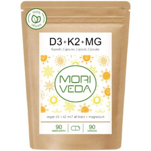 Vegane Vitamin D3 + K2 + Magnesium Kapseln - MoriVeda - 90 Kapseln - Hochdosiert - Für Alles Alters Stufen - Ideal fürs
