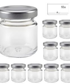 Mikken 10 Mini Marmeladengläser 53ml Einmachgläser mit Silberdeckel und Etiketten
