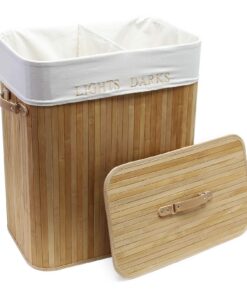 Wiltec Wäschebox 105 L natur Sortierkorb für Schmutzwäsche faltbar aus Bambus mit Leinensack und Deckel