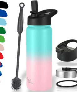 Milu Edelstahl Trinkflasche 500ml, 750ml, 1L, Thermosflasche mit Strohhalm, Auslaufsichere Isolierflasche doppelwandig,