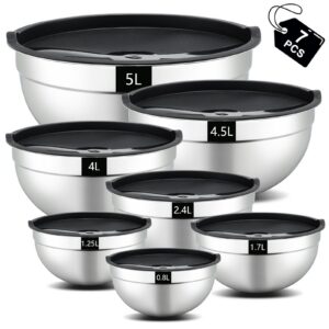 Hunnycook 7-teiliges Rührschüssel Set Edelstahl Spülmaschinenfest 5L |5L 4L |4L 1.7L 1.25L 0.8L