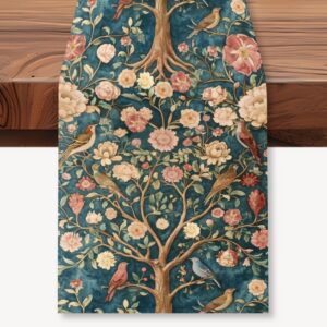 WADORNVintage Baum Blumen Vögeln Tischläufer 33x183cm Für Rustikal Küche Esstisch Saisonale Blumen Und Vögel Dekoration