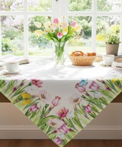 KAMACA Blütenmuster Tischdeke frühlingshafte Deko Esszimmer Küche Mittelgröße 85x85 cm Tulpenpracht