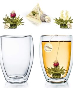 Creano Glas Doppelwandiges Thermoglas + 2 Teeblumen - Für Sie und Ihres Gönners - Hochwertig für Teezenen - 250ml x 2er