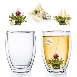 Creano Glas Doppelwandiges Thermoglas + 2 Teeblumen - Für Sie und Ihres Gönners - Hochwertig für Teezenen - 250ml x 2er