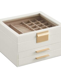 SONGMICS JBC239WT Schmuckkästchen - 3-Ebenen-Schmuckbox mit Glasdeckel & 2 Schubladen - moderne Geschenkidee für Liebste
