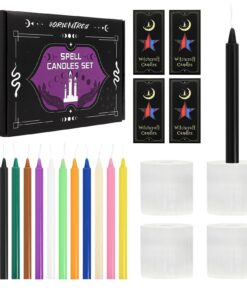 Zauberkerzen 48er-Set - Sicherer Brand für Hexerei und Meditation - Kein Kippen, Bunt mit Selenit-Halterungen