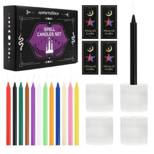 Zauberkerzen 48er-Set - Sicherer Brand für Hexerei und Meditation - Kein Kippen, Bunt mit Selenit-Halterungen