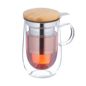 Relaxdays Doppelwandiger Teeglas 430 ml mit Edelstahl-Sieb und Bambusdeckel für Liebhaber des relaxenden Teetrinkens
